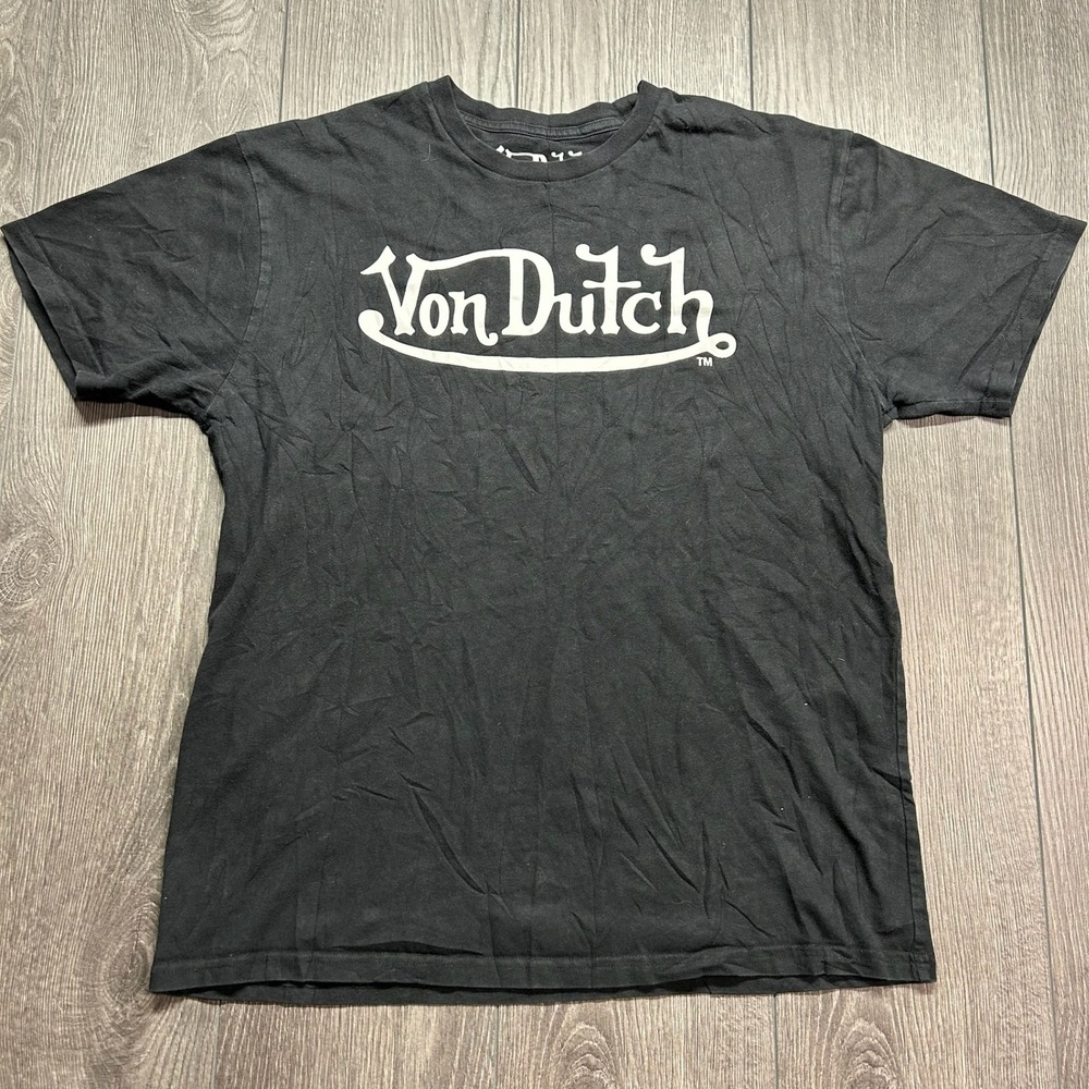 Von Dutch Mens Large Black Graphic Logo T-Shirt Short Sleeve Cotton Y2k Vintage